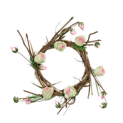 Rose Twig Artificial Floral Wreath Brown and Pink 11-Inch