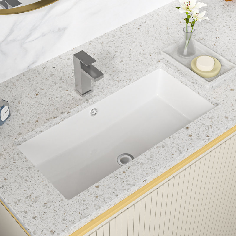 28 x 14 inch Rectangular Modern White Ceramic Undermount Bathroom Sink Art Basin with Overflow