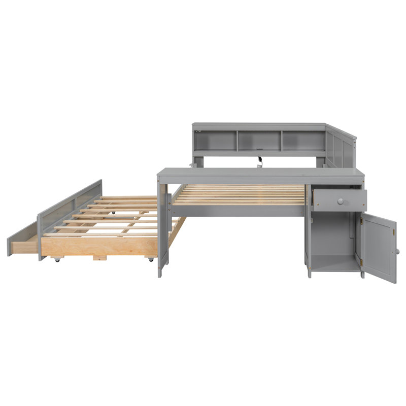 Full Size Daybed with Storage Shelves,Drawers,Trundle,Charging Station,LED Light,Desk and Cabinet, Gray