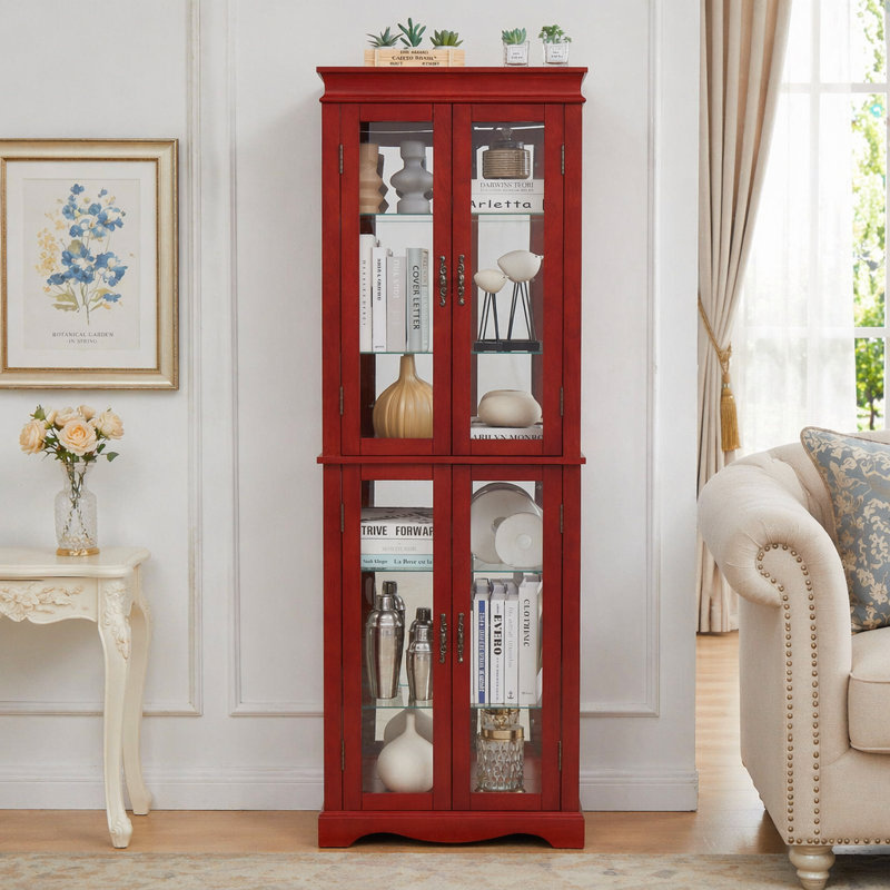 Vitrine lumineuse en verre avec tablettes réglables et éclairage interne, parfaite pour mettre en valeur des objets de collection dans les salons et les cuisines.