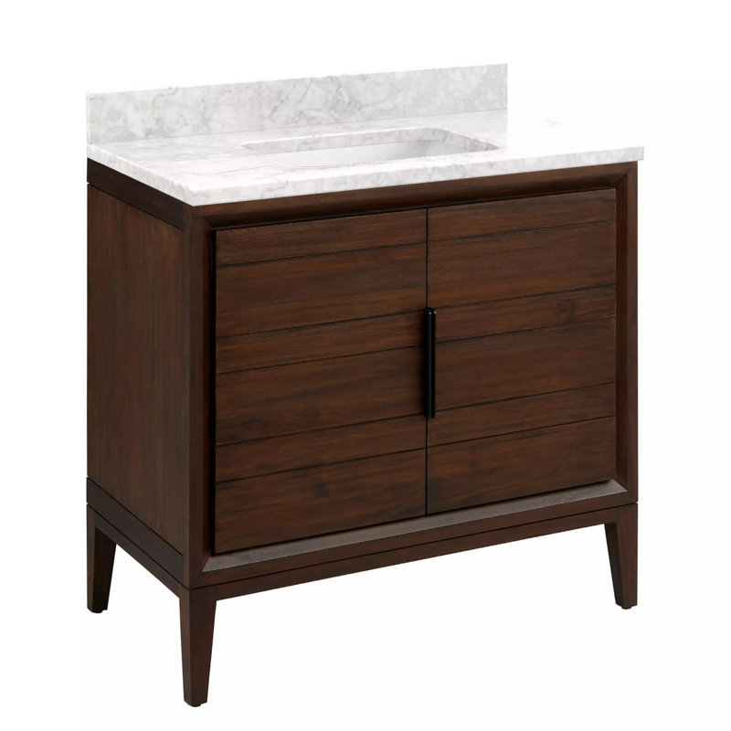 Meuble-lavabo simple 36 po Aliso, Aucun trou de robinet, Marbre de Carrare, Café