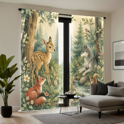 2PCS Watercolor Forest Animals Design Light Filtering Curtains with Deer Fox Wolf Rabbit Squirrel Pattern, Woodland Nature Decor, Rod Pocket for Living Room Bedroom Dormitory Decoration