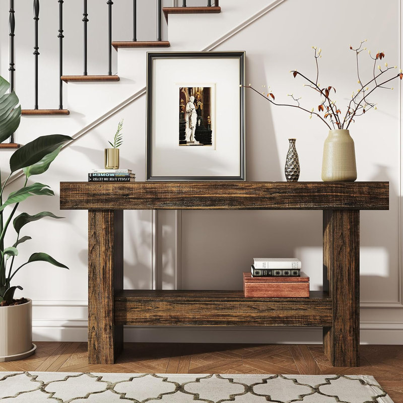 55-Inch Farmhouse Console Table,Wooden Rectangular Sofa Table Behind The Couch,Industrial Entryway Table With Storage For Living Room,Entrance,Hallway