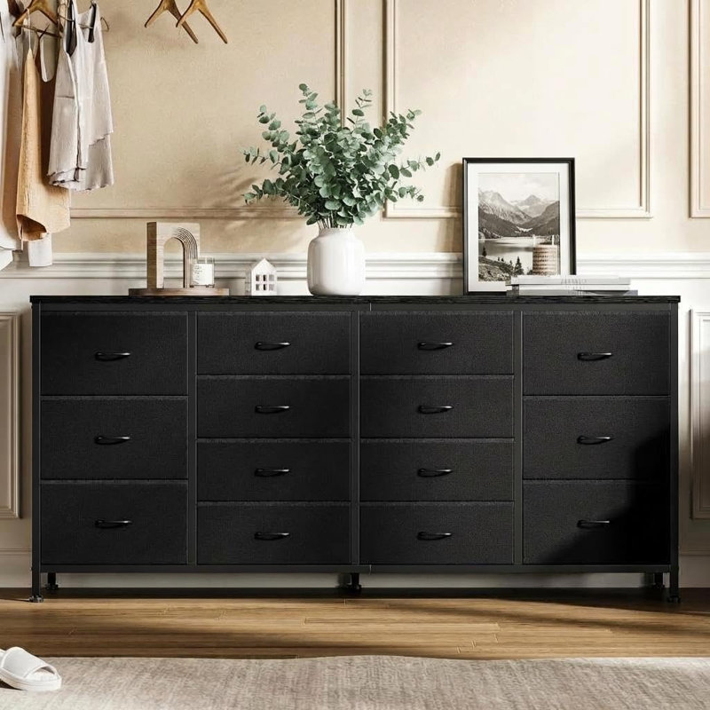 Meuble télé commode pour la chambre à coucher avec 14 tiroirs et station de charge, meuble télé de 75 po à large commode, console multimédia moderne pour le salon, la chambre à coucher