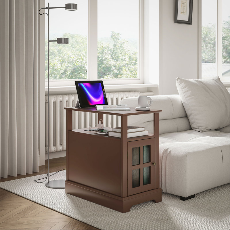 End Table With Charging Station, Narrow Side Table With USB Ports And Outlets, Small Table With Hidden Storage And Open Shelf For Living Room