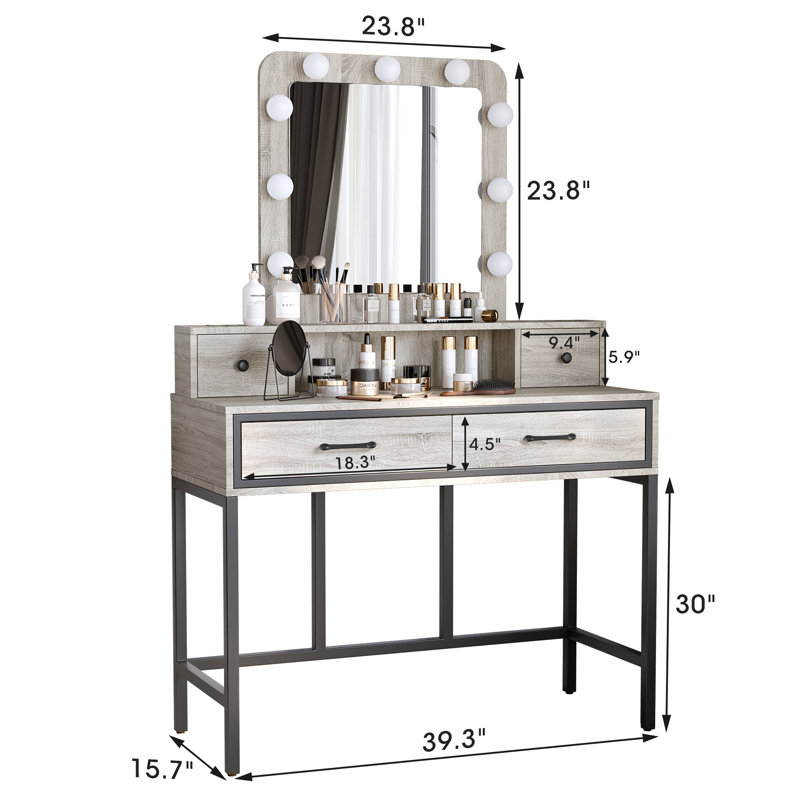 Abdulaleem Vanity Table with Lighted Mirror, Light Gray