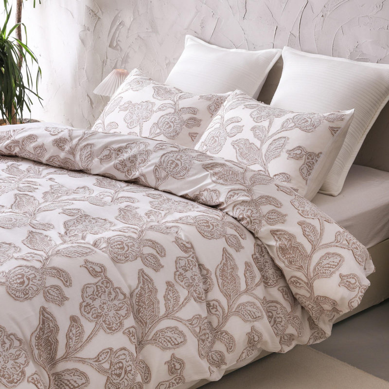 Ensemble de housse de couette jacquard jacquard en coton à motif floral, Brun