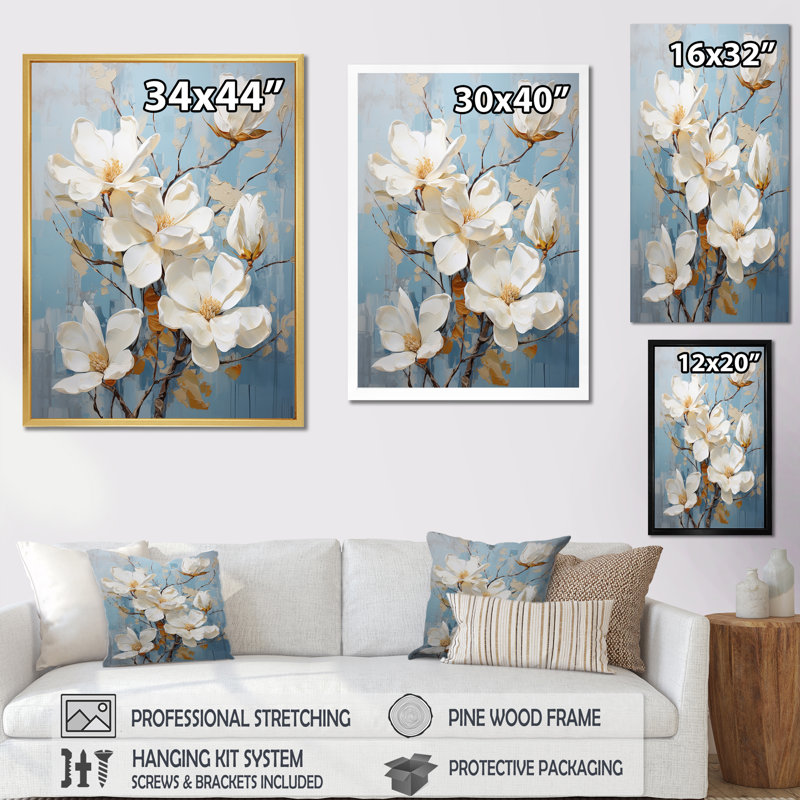«Elegant White and Blue Magnolias Tranquility I», reproduction sur toile, Cadre doré simple, H 40 po x l 30 po x P 1,5 po