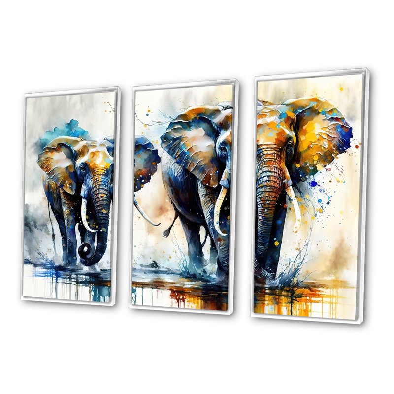 Éléphants qui courent II - impression de 3 pièces, H 32 po x l 48 po x P 1 po, Toile tendue