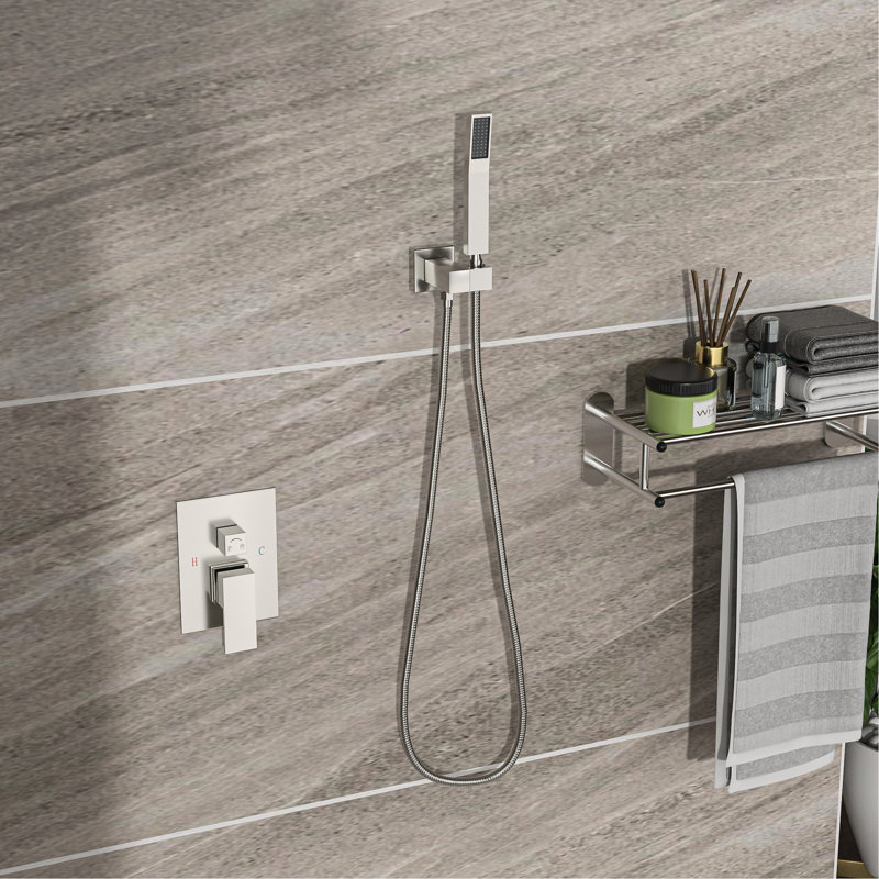 Brushed Nickel Shower - 10 Inch Ceiling Mount Square With -balanced Valve And Handheld Spray Option Dual Head System Adjustable Water Flow