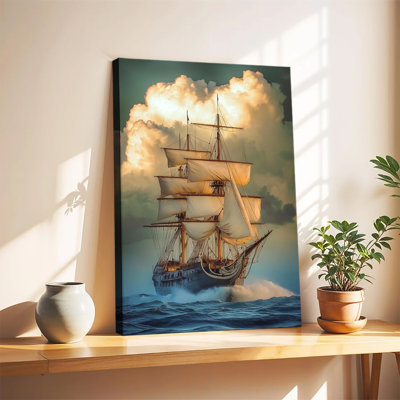 Grand voilier vintage sur une mer déchaînée avec un ciel nuageux spectaculaire, peinture à l'huile nautique, grande toile tendue sur châssis pour salon ou chambre.