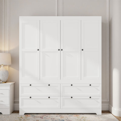 Armoire-penderie en bois 71 po, armoire modulaire à 4 portes avec 4 tiroirs, tablettes et tringle pour chambre à coucher