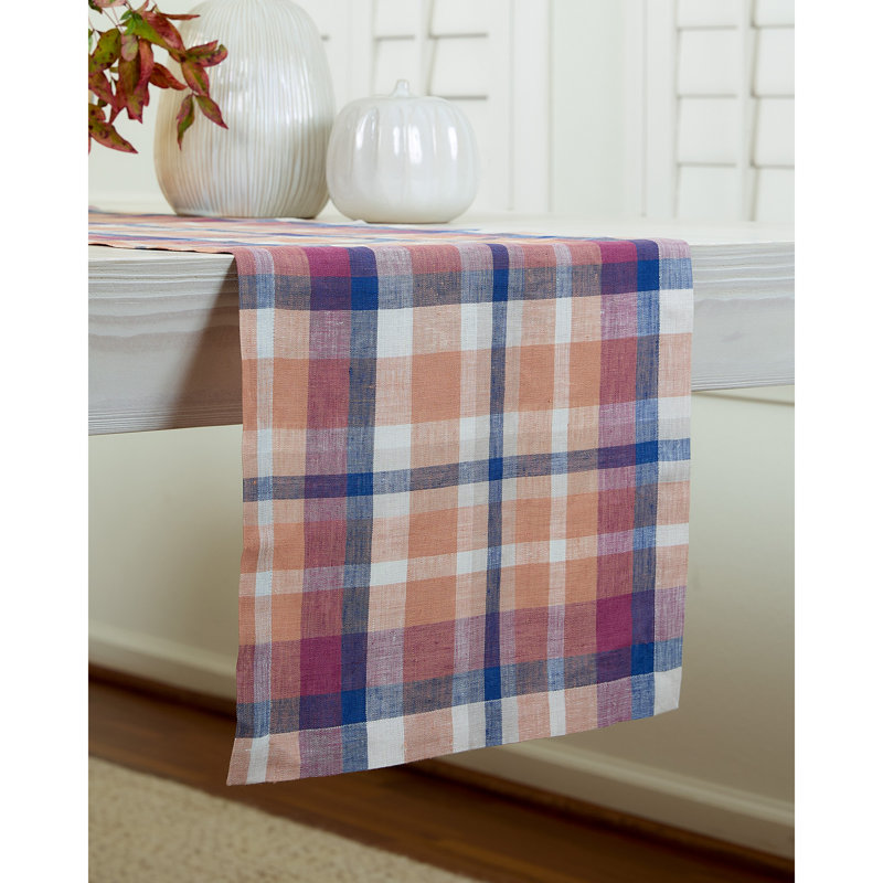 Fall Multicolor Linen Plaid Table Runner, 14 x 90 Inch