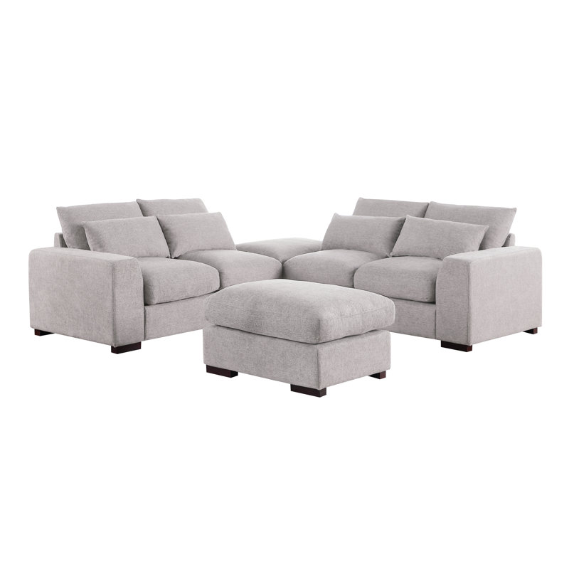 Light Gray Linen-Blend Modular Sectional Sofa with Ottoman