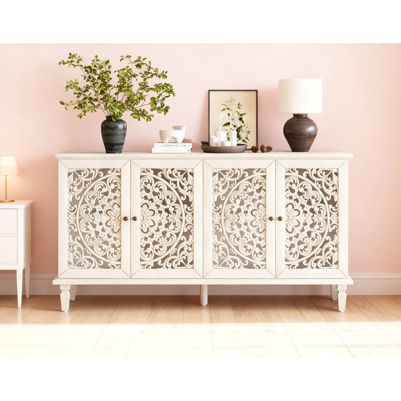 Buffet antique 60 "avec sculptures florales, Blanc antique
