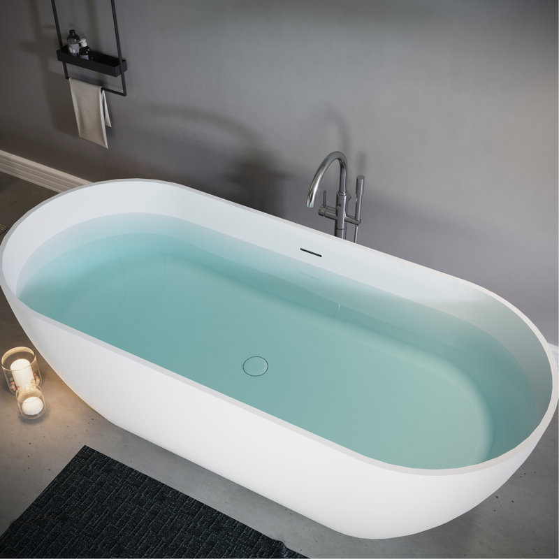 69" Matte White Freestanding Soaking Bathtub, Solid Surface Structure, Good Thermal Insulation, Comfortable Interior Bathtub In White, Non - Porous Material, Excellent Retention, Relaxing Design