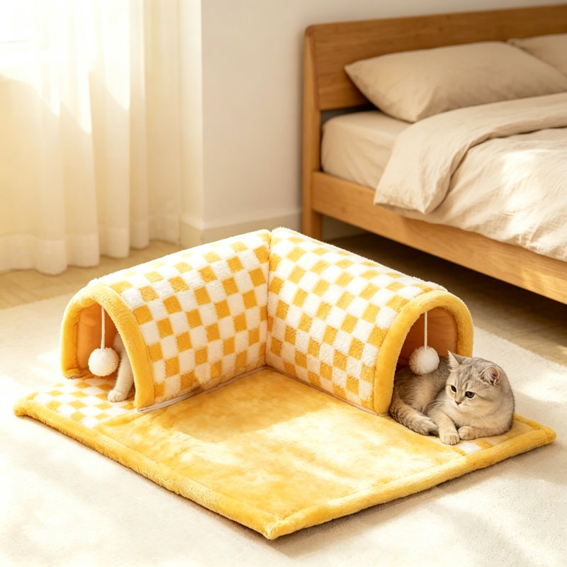 Grand tunnel de jeu pliable en peluche douce en forme de L pour chat, 72 x 64 cm, motif à carreaux, avec balle suspendue, cachette 2 en 1 pour jouer et se reposer, idéale pour les chats d'intérieur.