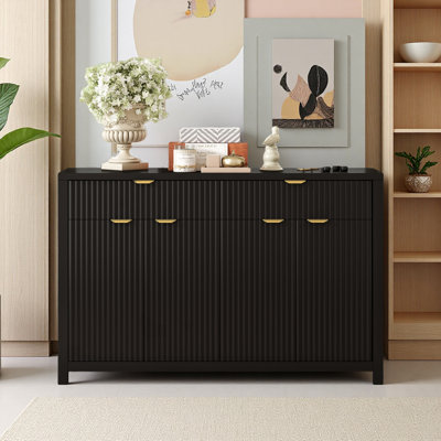 Buffet moderne à motif de vagues avec 2 tiroirs et 4 portes, 3 tablettes réglables à 3 niveaux, poignées arquées en aluminium de style scandinave, convient au vestibule, au salon, au vestibule