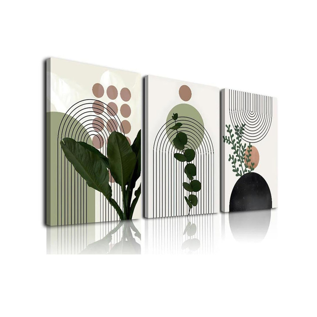 Sage Green Boho Wall Art, Abstract Framed Canvas Wall Art Palm Leaf Sun Moon Line Green Wall Decor, Minimalist Geometric Boho Room Decor, Sage Green W