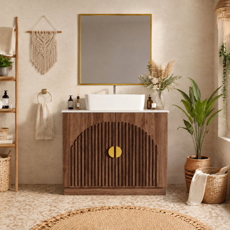 Meuble-lavabo autoportant de 36 pouces, finition noyer foncé avec portes d'armoire verticales arquées, comptoir en pierre frittée, vasque rectangulaire en céramique, quincaillerie dorée et tablette de rangement amovible, armoire de salle de bain Boho Mid-Century