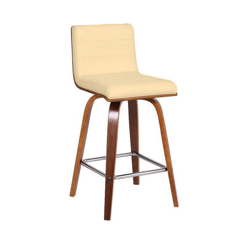 Aluin Mid-century Modern Swivel Counter or Bar Height Bar Stool in Faux Leather and Wood, 66cm, Cream, Walnut