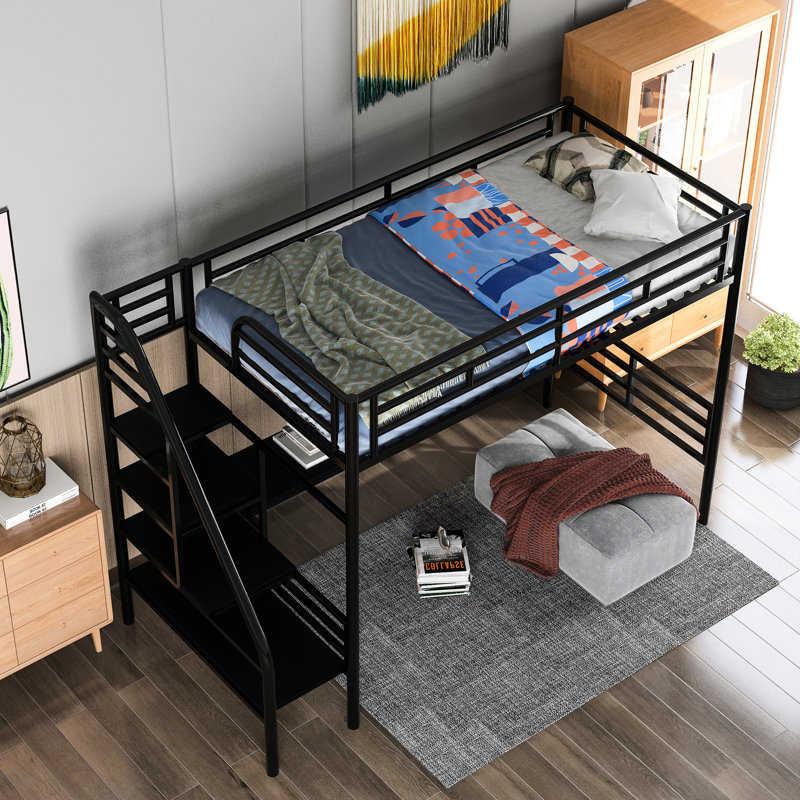 Lit mezzanine simple noir avec bureau, lattes en métal sécurisées, garde-corps pleine longueur, rangement sous le cadre à assemblage rapide noir, caractéristiques, multifonctionnel, peu encombrant dans la chambre à coucher