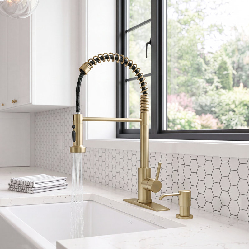 Forious® Ultra Pull Down Single Handle Kitchen Faucet with Soap Dispenser, Brushed Gold
