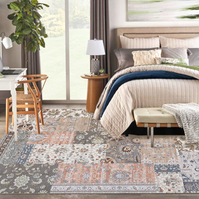 Washable Vintage Floral Printed Rug Accent Carpet Ultra-Thin Foldable Floor Cover for Living Room Beige Pink