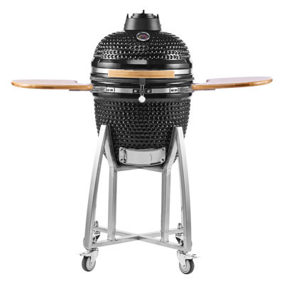 Fumoir et barbecue au charbon de bois, fumoir au charbon de bois Kamado de 18 po, barbecue en céramique mobile avec 4 roues (dont 2 verrouillables), thermomètre intégré, bouches d'aération et tablette latérale pour la cuisson sur le patio extérieur