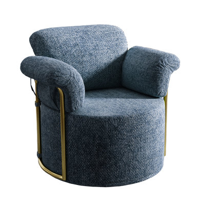 Fauteuil de lecture bleu pivotant à 360 degrés, structure en métal doré, ressorts ensachés indépendants, convient aux petits espaces, tissu doux et facile à nettoyer, chambre à coucher