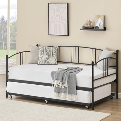 Twin Metal Daybed with Trundle, Pullout Bed with Casters, Steel Slats Sofa Bed for Bedroom, Black