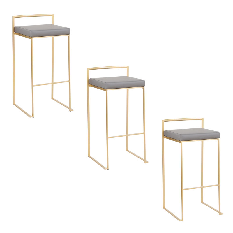 Ernestine Stackable Faux Leather Stool, Gray/Gold, Bar Stool (30" Seat Height)