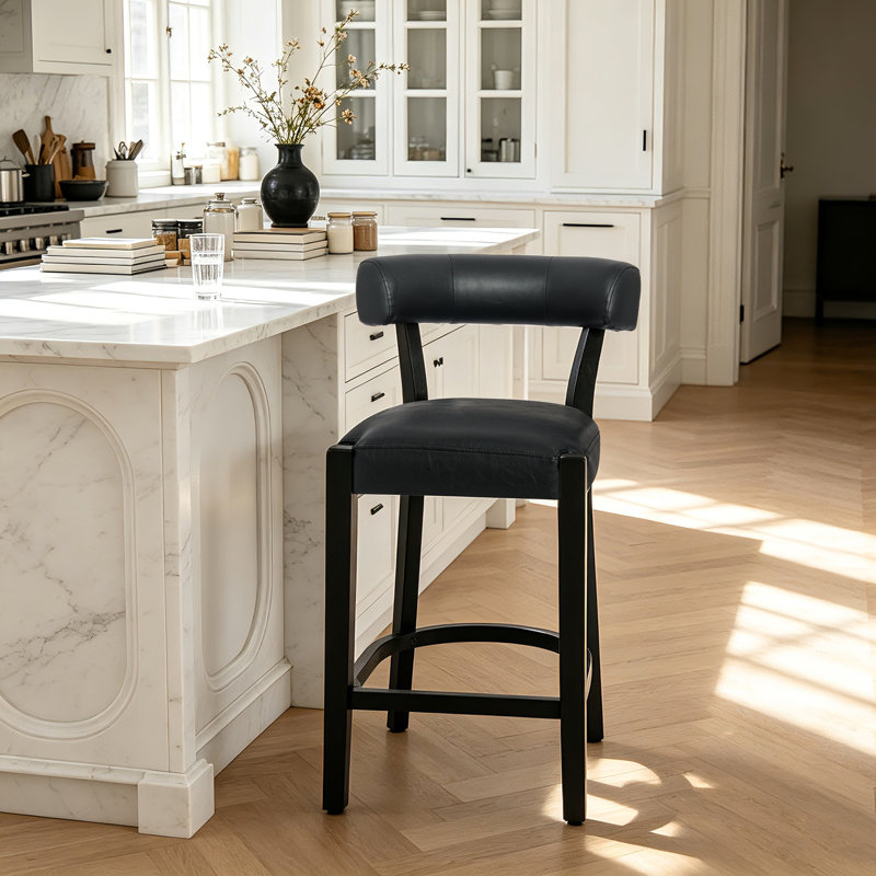 Tabouret de bar 26 po Mid-Century, Similicuir noir / cadre noir, 1