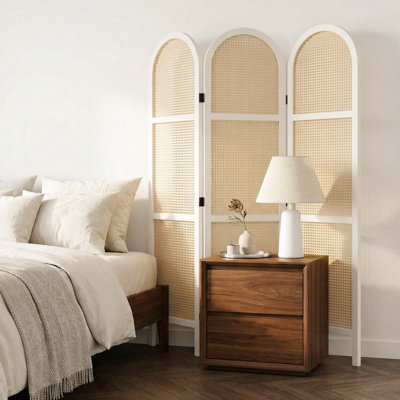 5.6 ft. Pine Wood & Hand-Woven Rattan Room Divider - Freestanding Japanese Modern Minimalist Privacy Screen