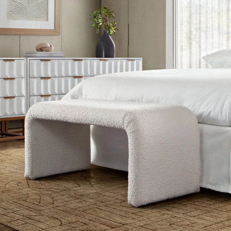 Ivory Boucle Fabric Upholstered Bench with Sturdy Wood Frame