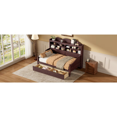 Twin Daybed With Storage Drawers, Wooden Twin Day Bed With Storage Headboard Shelving, Retro Style Daybed For Bedroom,Living Room,Guest Room,No Box Spring Needed, Easy Assembly,Espresso