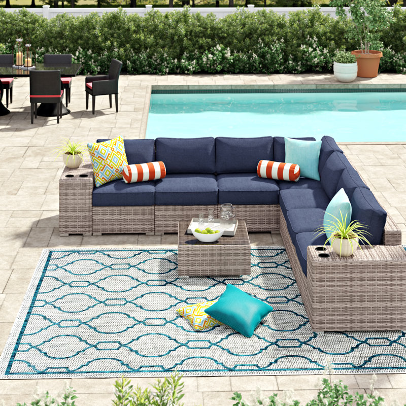 Lazaro Wicker Fully Assembled 6 - Person Seating Group with Sunbrella Cushions, Sunbrella® Navy Blue, Mixed Gray