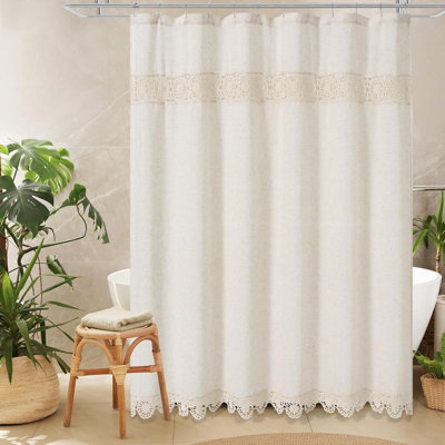 Farmhouse Shower Curtain Set With Macrame Lace Decor, Linen Cotton Fabric Bathroom Curtain With Liner, Modern Country Style