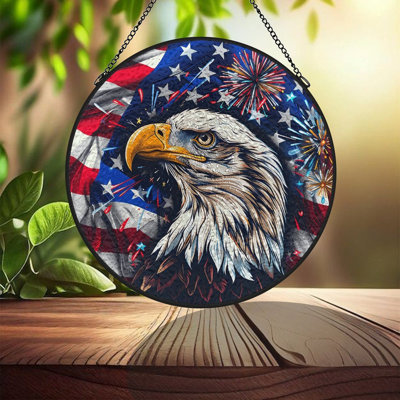 Eagle Flag Fireworks Stained Glass Panels Suncatcher for Window Decor