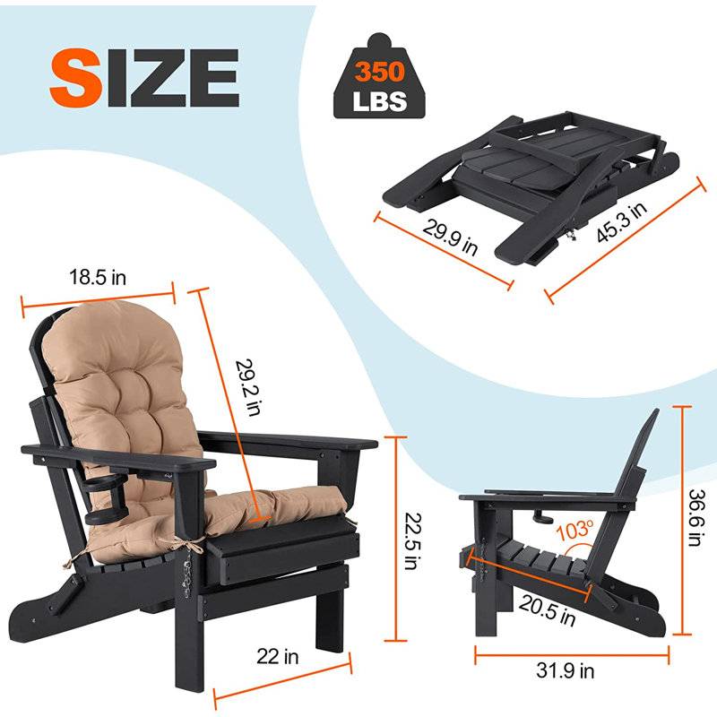 Ensemble de 2 chaises pliantes Adirondack avec coussin, surdimensionné en Hdpe et résistant aux intempéries, Noir
