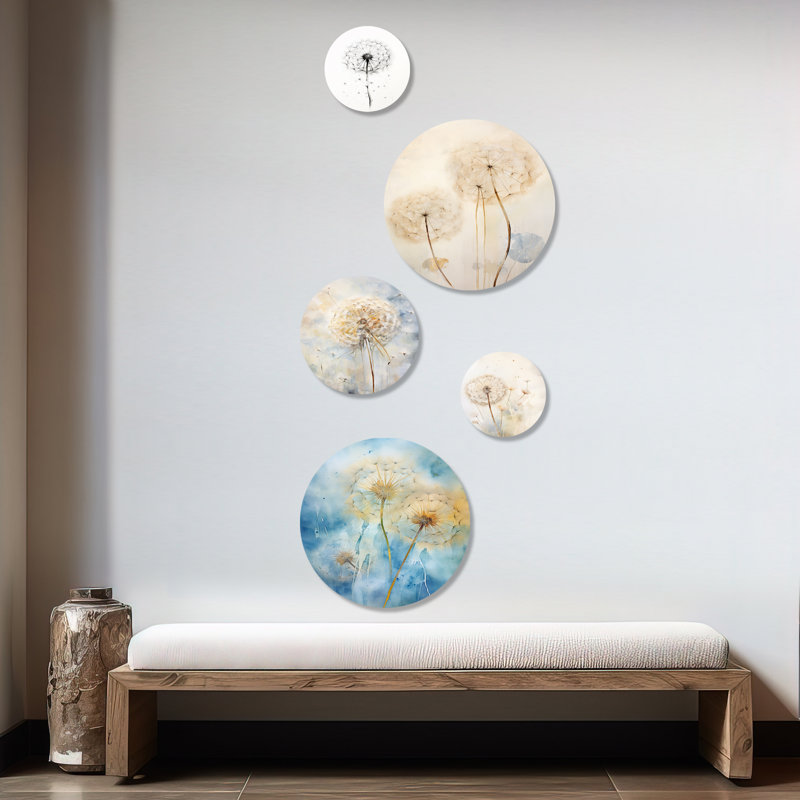 «Blue Dandelion Dreams - Pissenlit pissenlit», ensemble d'art mural rond de 5