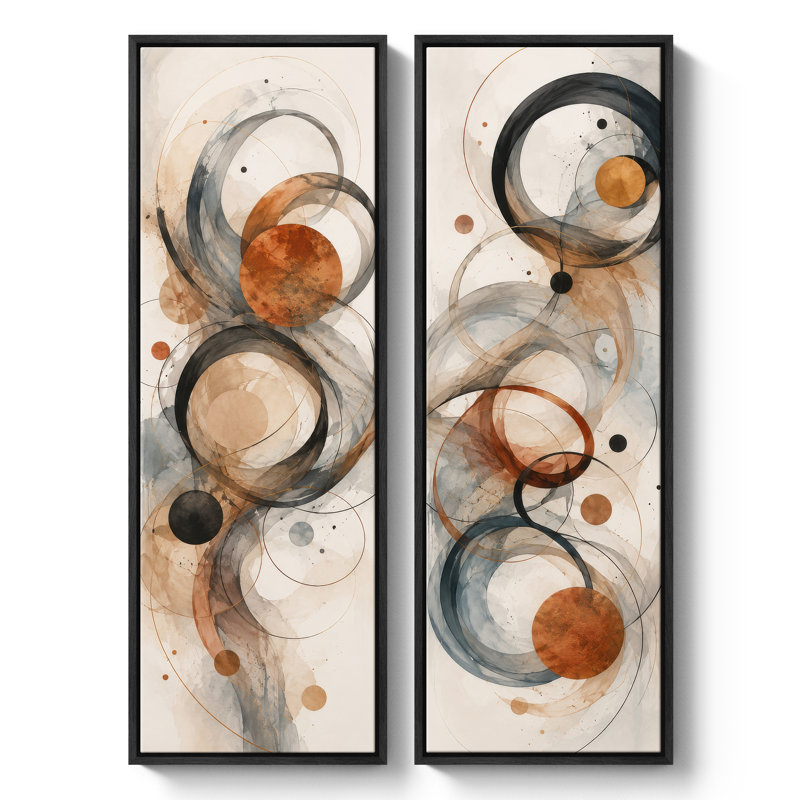 Ensemble de 2 impressions encadrées sur toile, motif abstrait de cercles superposés noirs, gris et orange rouille – 152 x 51 cm (60 x 20 x 2 pouces)