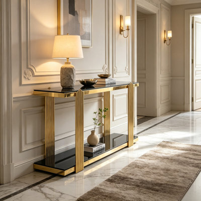 Console moderne en verre trempé doré et noir avec miroir, idéale pour un corridor ou un salon. Table d'appoint élégante et moderne. Table console en verre trempé doré et noir.