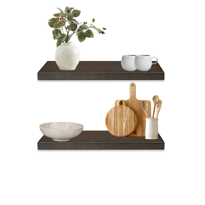 Chloe-Elise 2 Piece Rubberwood Floating Shelf, Walnut, 1.5" H x 30" W x 7" D