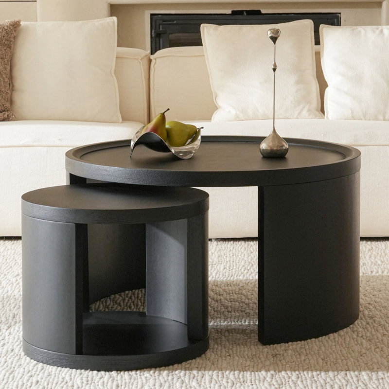 Round Nesting Coffee Table Set Of 2,31.5" Large & 18" Small Low Tables With Wood Look Top,Space-Saving Side Tables For Living Room,Bedroom,Office,Minimalist Center Table Set(Black)