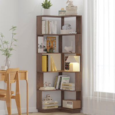 Bibliothèque de coin autoportante en forme de L à 6 niveaux pour le salon, la chambre à coucher, la bibliothèque en bois avec anti-basculement et anti-basculement