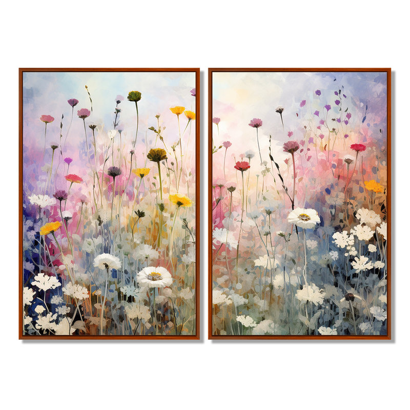 «Wildflowers Wander Meadows» - art mural blanc, H 36 po x l 48 po, Impression encadrée flottante, Brun