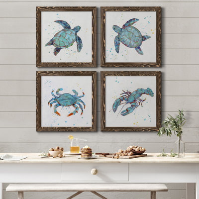 «Bubble Blue Turtle I», ensemble de 4 peintures sur toile encadrées