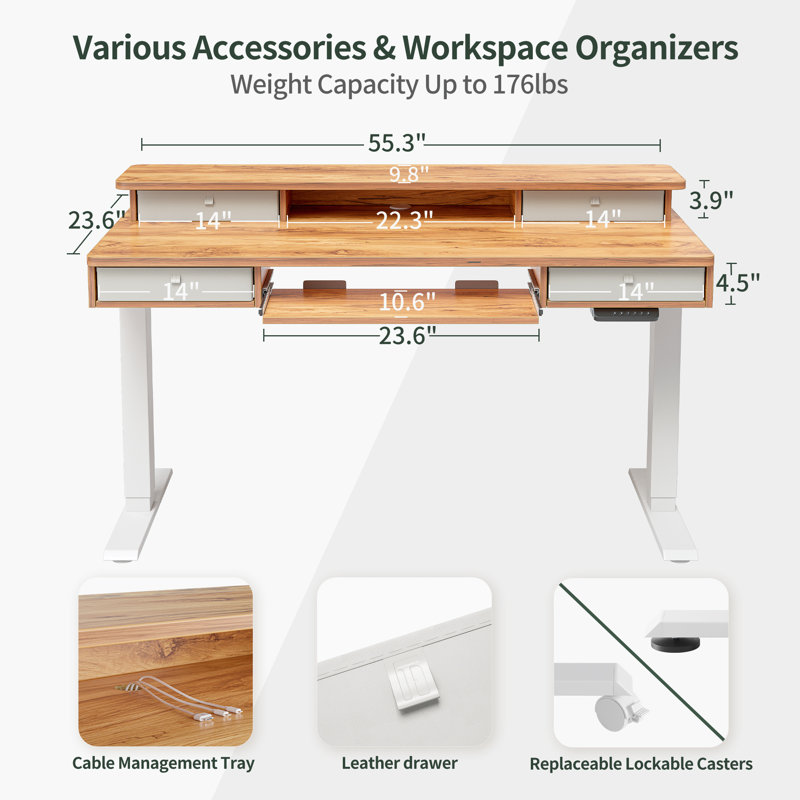Somers Height Adjustable Rectangle Standing Desk, 46" H x 55.3" W x 23.6" D, Natural/White