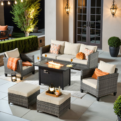 Ensemble de meubles de patio en osier / rotin pour 5 personnes Allcot, ensemble de canapé d'extérieur avec canapé, chaises, repose-pieds, coussins décoratifs et coussins confortables